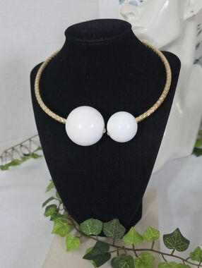 Statement Gold Flexible Choker Necklace with Large White Spherical End Beads